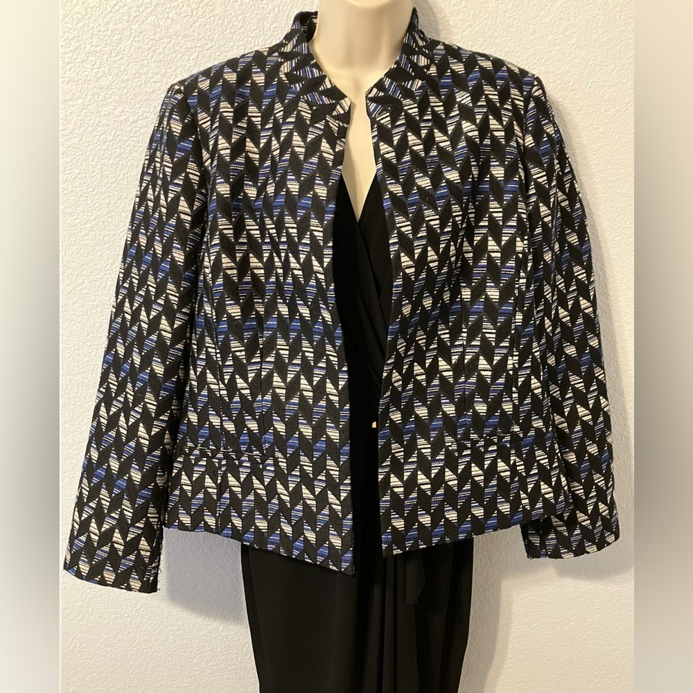 Large Anne Klein Black and Blue Geometric Patterned Blazer Jacket Suit